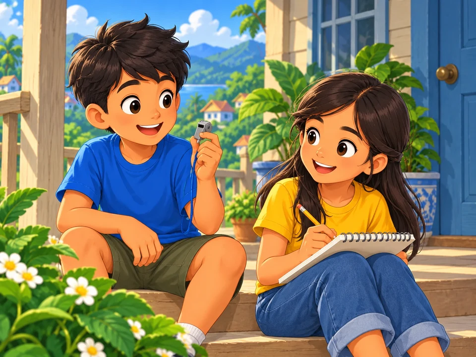 A Filipino boy holds a small whistle on a porch while a girl sits nearby with a pencil and sketchbook. No playing, tapping, finished tune, or response.