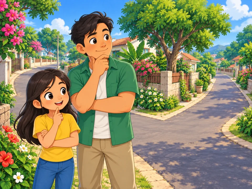 A Filipino girl and her uncle pause at a fork in a quiet neighborhood street.