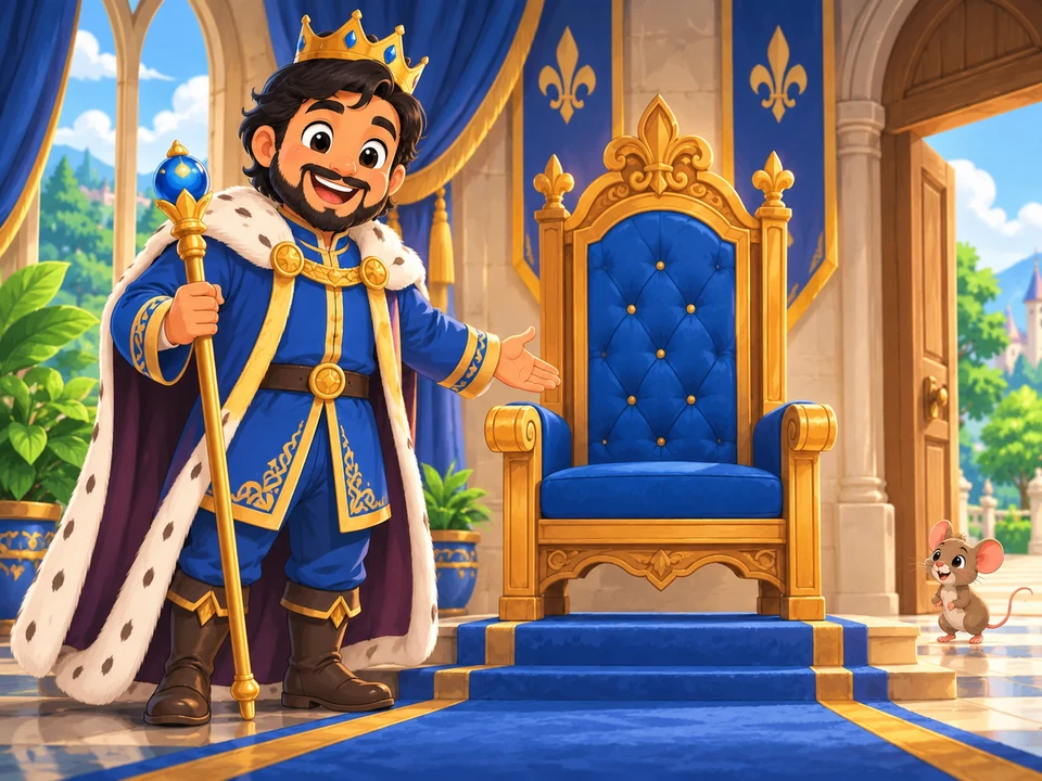 A friendly fictional king stands beside a tall empty chair in a colorful storybook hall, with a small mouse at the doorway. No stool, conversation, or later chairs.