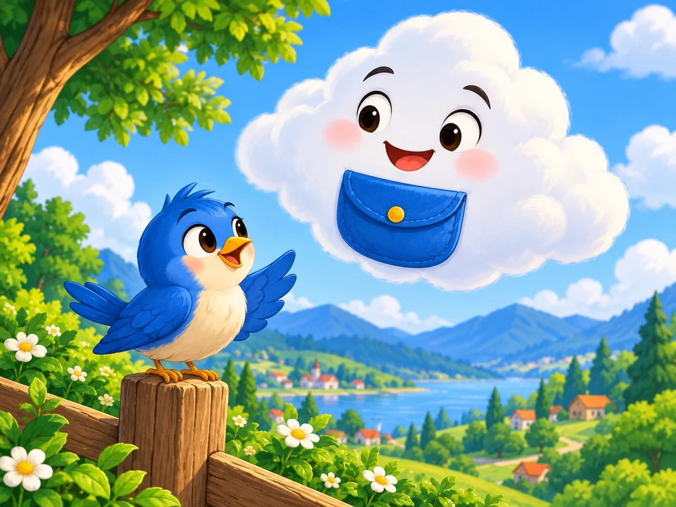 A friendly imaginary cloud floats above a blue bird in a colorful storybook sky, with its cloth pocket closed. No loose colors, patch discovery, or sorted collection.