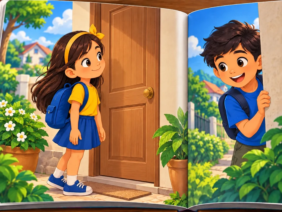 An imaginary paper girl stands before a closed plain door on a storybook page, and a paper boy is visible across a fold. No lettering, knocking, open door, or instruction.