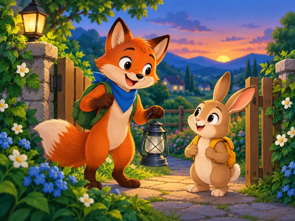 A friendly imaginary fox holds an unlit closed lantern by a garden gate while a rabbit stands nearby before an evening walk. No hedgehog, return, bench, or revealed reason.