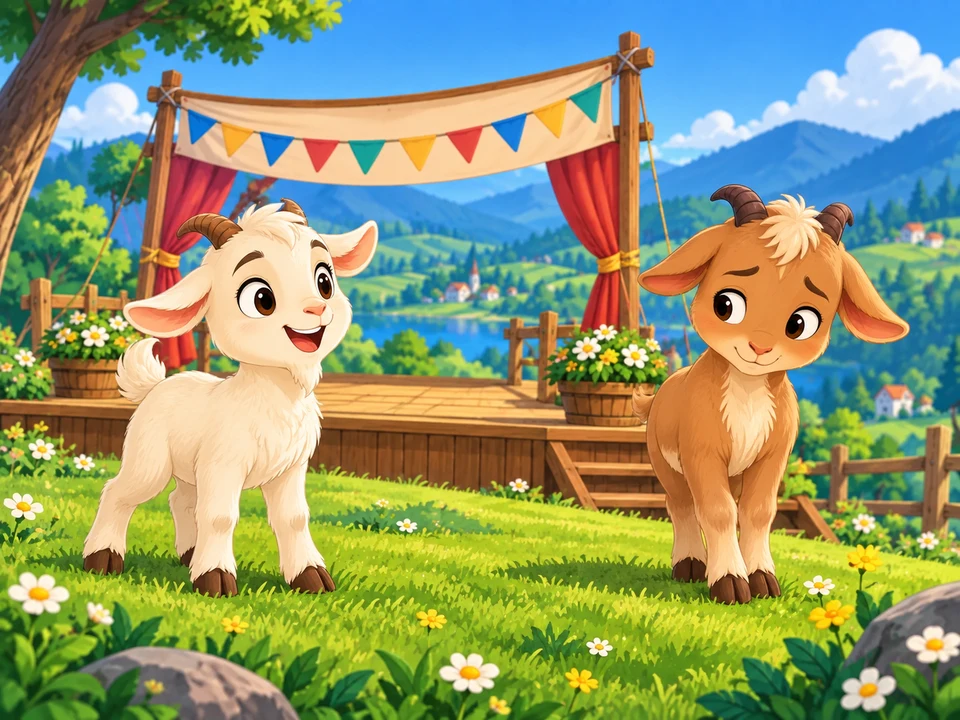 Two fictional young goats stand separately near a small festival stage on a green hill.