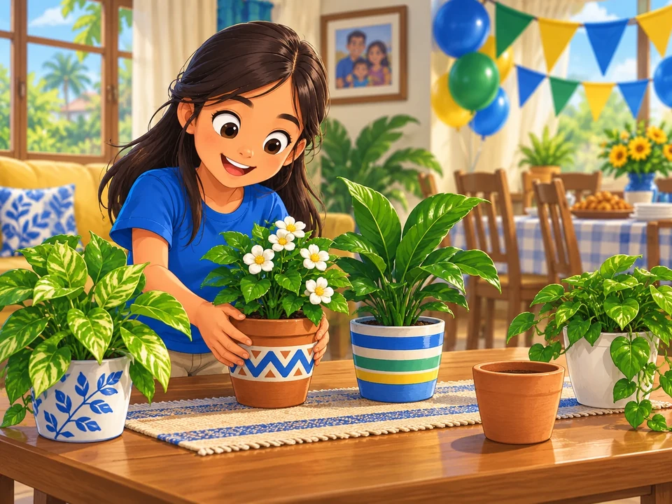 A Filipino girl arranges several potted plants on a home table for a family celebration, with one small plain empty-looking pot placed apart. No later gift presentation, central arrangement, writing, or shoots.