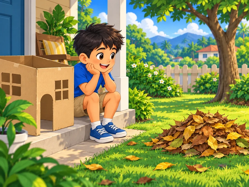 A Filipino boy sits on a porch beside a cardboard playhouse without a roof, looking toward a leaf pile in a yard. No hidden animal, paper replacement roof, or completed game.