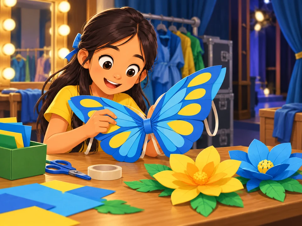 A Filipino girl prepares a folded paper butterfly costume backstage with two separate paper flower props nearby. No movement between props, pollen, route arrows, or completed performance.