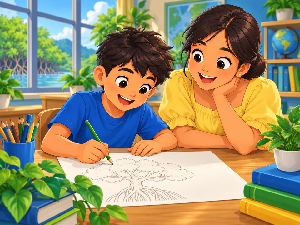 A Filipino boy sketches a mangrove tree at a classroom table with a large unfinished paper and his godmother beside him. Keep the paper facing away; no fish, final poster, labels, or explanation.
