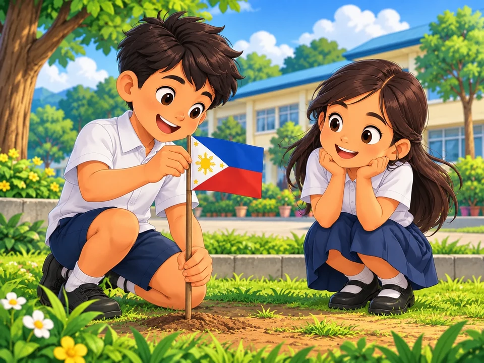A Filipino boy holds a small paper flag beside a fixed upright stick in a school yard while a girl watches. No long shadow, changed shadows, measurements, or finished contest.