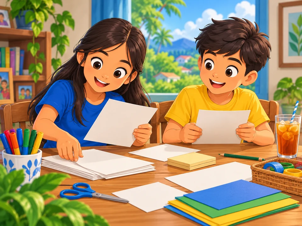 A Filipino girl and her cousin prepare blank game papers at a table with a cold drink glass at one far end. No wet circle, water droplets close-up, accusation, apology, or mat solution.
