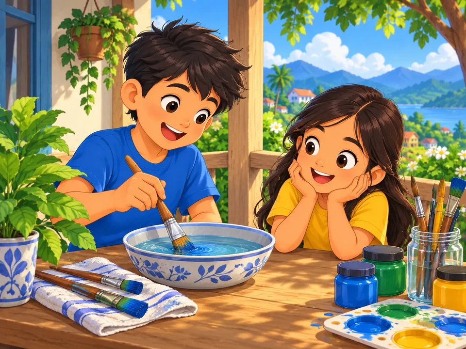 A Filipino boy cleans paintbrushes on a porch beside a shallow water bowl with his sister nearby. No before-and-after level, vapor arrows, accused person, or measurement result.