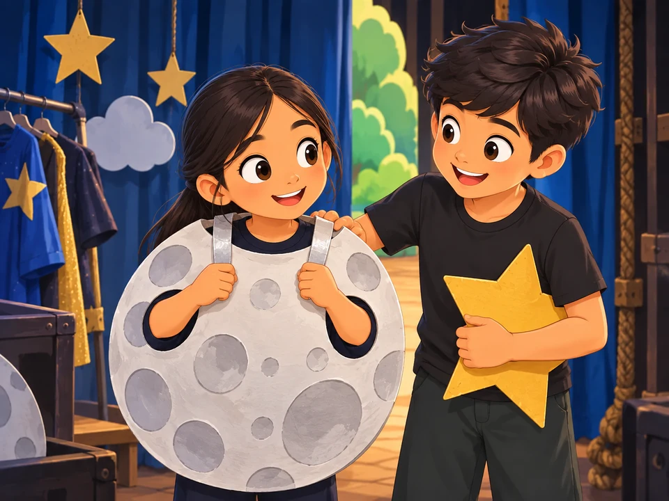 A Filipino girl waits backstage in a plain round paper Moon costume with her classmate nearby. No flashlight, Sun performer, reflected-light demonstration, speech text, or performance outcome.