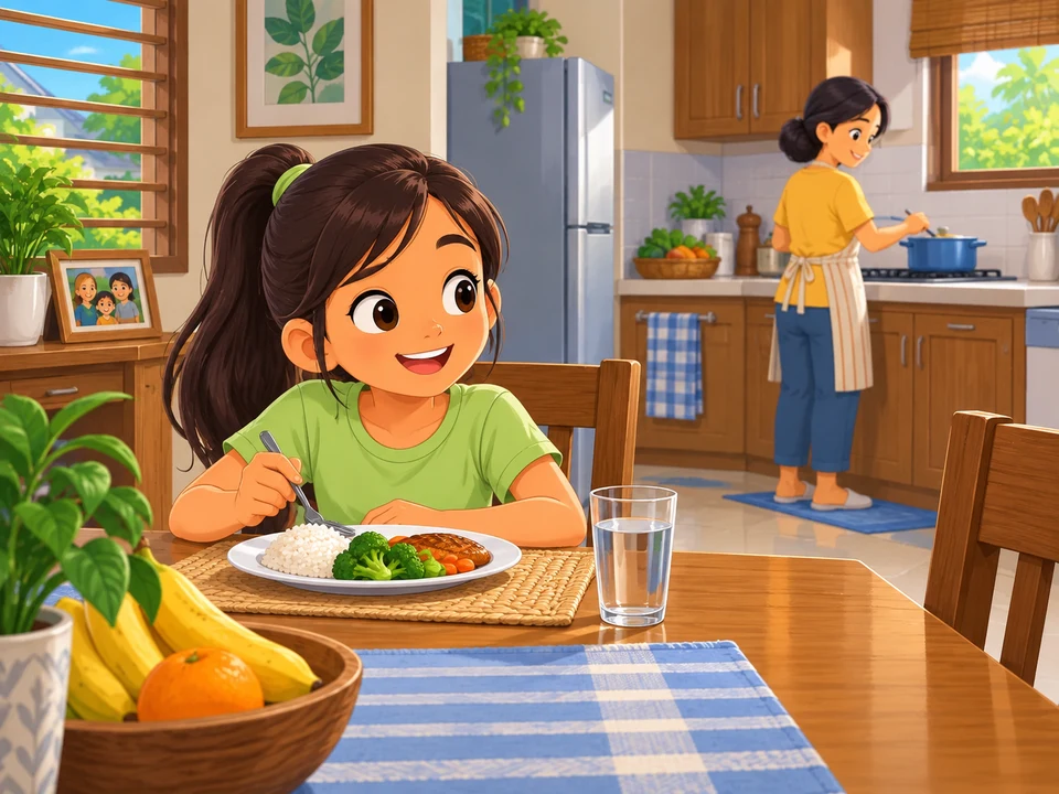 A Filipino girl sits at a dining table while her mother prepares a meal in the distant kitchen.