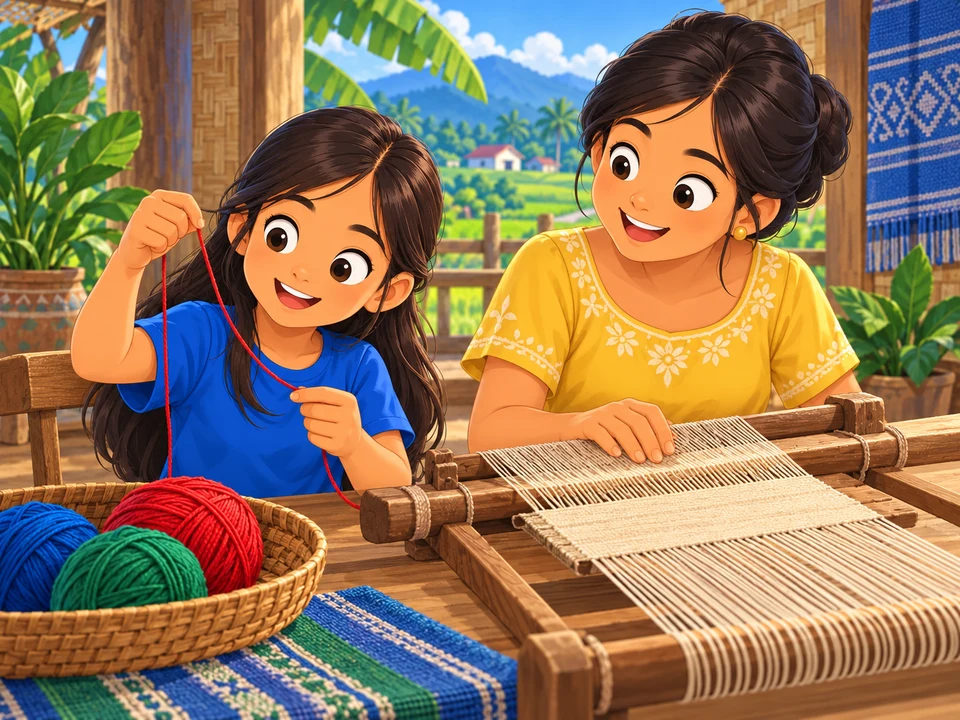 A Filipino girl holds a red thread while her aunt sits beside a weaving table with a separate plain practice sample. No close-up over-under structure, completed red stripe, mistake, or gift.
