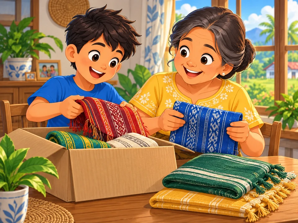A Filipino boy and grandmother unpack several folded woven textiles on a clean table. No categories, labels, completed sorting, bed, or presented towel.