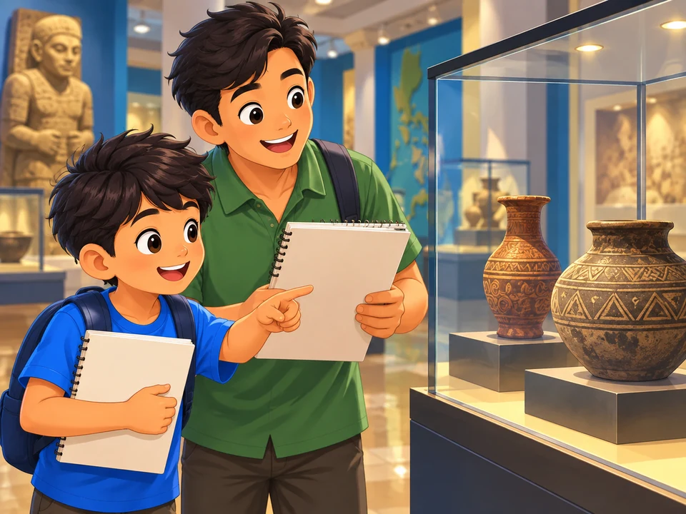 A Filipino boy and his father stand in a museum gallery holding blank sketch paper while two distant pottery vessels sit behind glass. No cooking scene, use labels, written answer, or completed drawings.