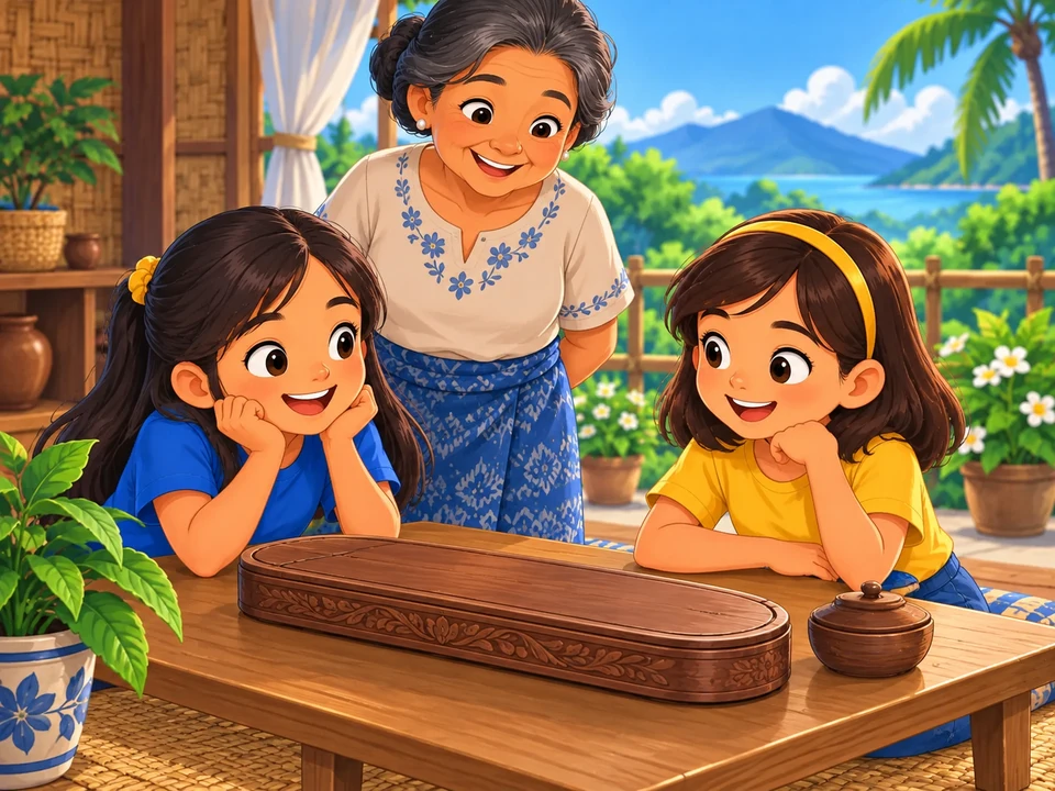 Two Filipino girls sit near a low table with a plain covered sungka board and a small closed bowl while their grandmother stands nearby. No counters, pit layout, search result, or completed game.