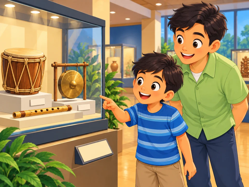 A Filipino boy and his uncle look at wood, bamboo and brass instruments protected behind museum glass.