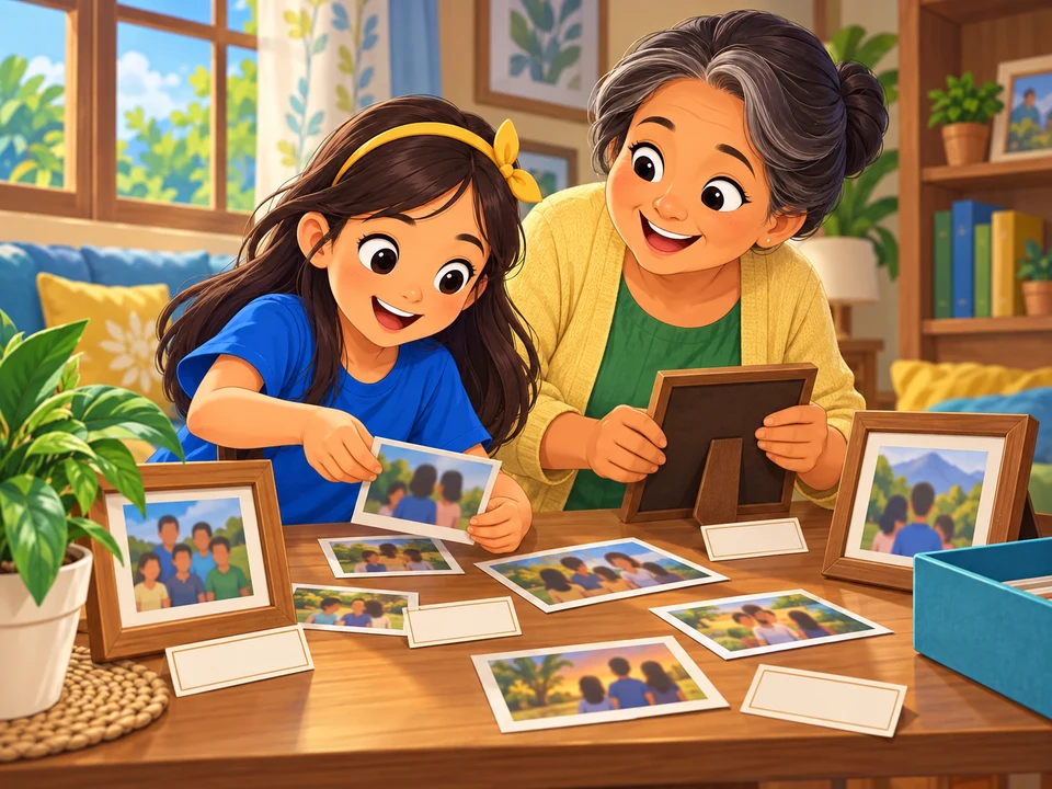 A Filipino girl and grandmother prepare a family photo display on a home table, with photo faces indistinct and label cards blank. No identified aunt, planting memory, corrected label, or visiting cousins.