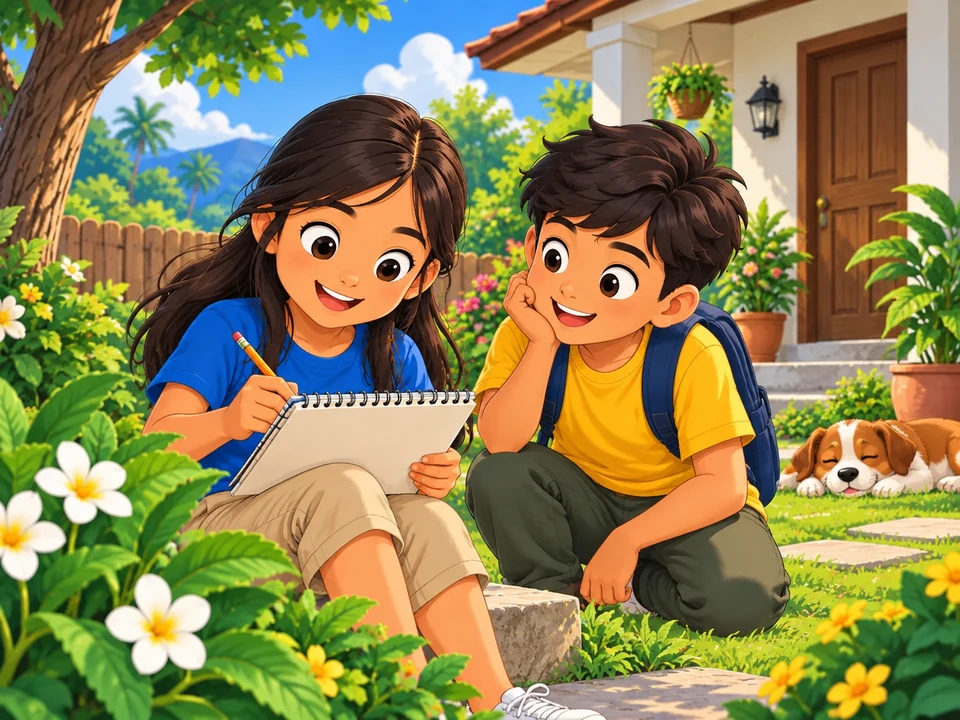A Filipino girl sketches from the front of a friendly home yard with her friend nearby. No rear window, second viewpoint, completed drawings, or comparison outcome.