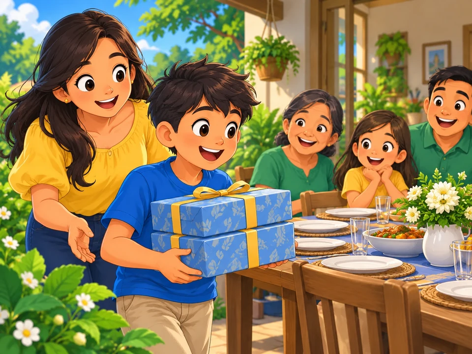 A Filipino boy carries two identically wrapped closed parcels toward a family gathering table with his aunt nearby. No visible contents, readable notes, opened package, or sorting result.