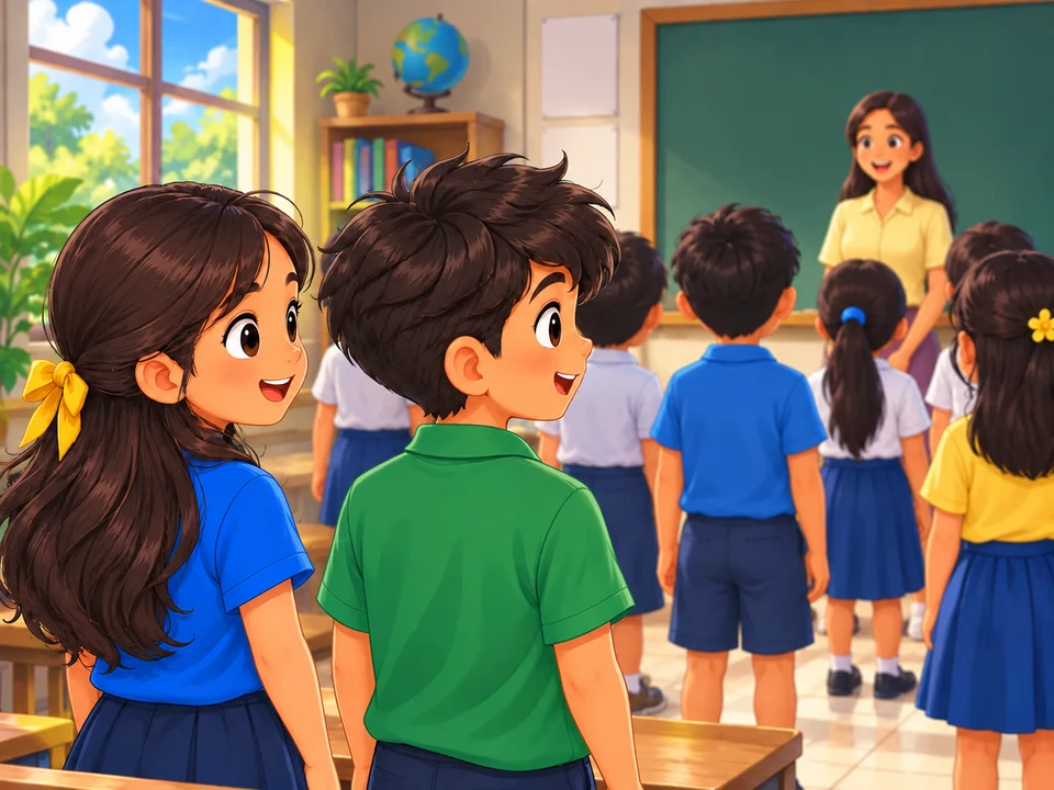 A Filipino girl and boy stand at the back of a classroom rehearsal while a teacher is distant at the front. No hand signals, moved seats, synchronized clapping, or corrected positions.
