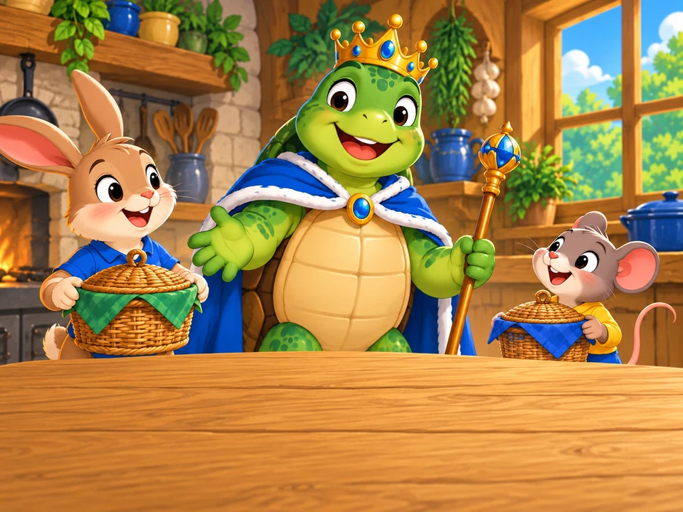 A friendly fictional turtle king stands in a colorful storybook kitchen before a feast, with a rabbit and mouse holding covered baskets nearby. No chosen ingredients, bowls, shared meal, or outcome.