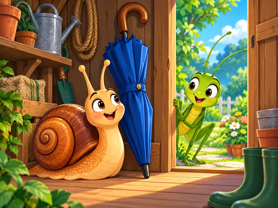 A friendly fictional snail stands beside a large closed umbrella in a garden shed while a grasshopper waits at the doorway. No absence, return, timing card, agreement, or outcome.