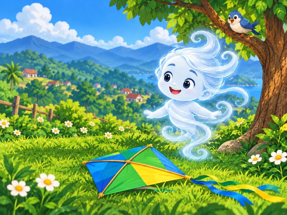 A friendly imaginary child made of swirling air stands near a paper kite resting on grass beside a small tree and a bird. No tangled line, rescue, flight, or strong wind.