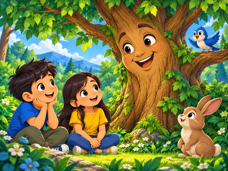 A friendly talking tree with a gentle face stands in a colorful forest clearing with a rabbit and bird nearby before storytelling. No key, story characters, leaving visitors, or question outcome.