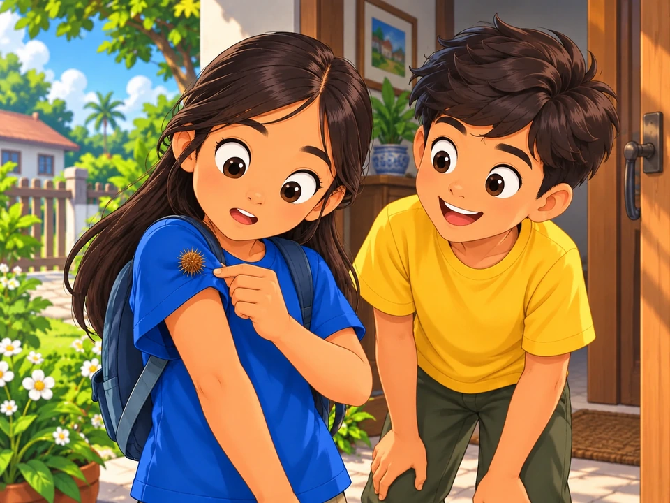 Neri and her brother examine a burr on her sleeve at the home doorway.
