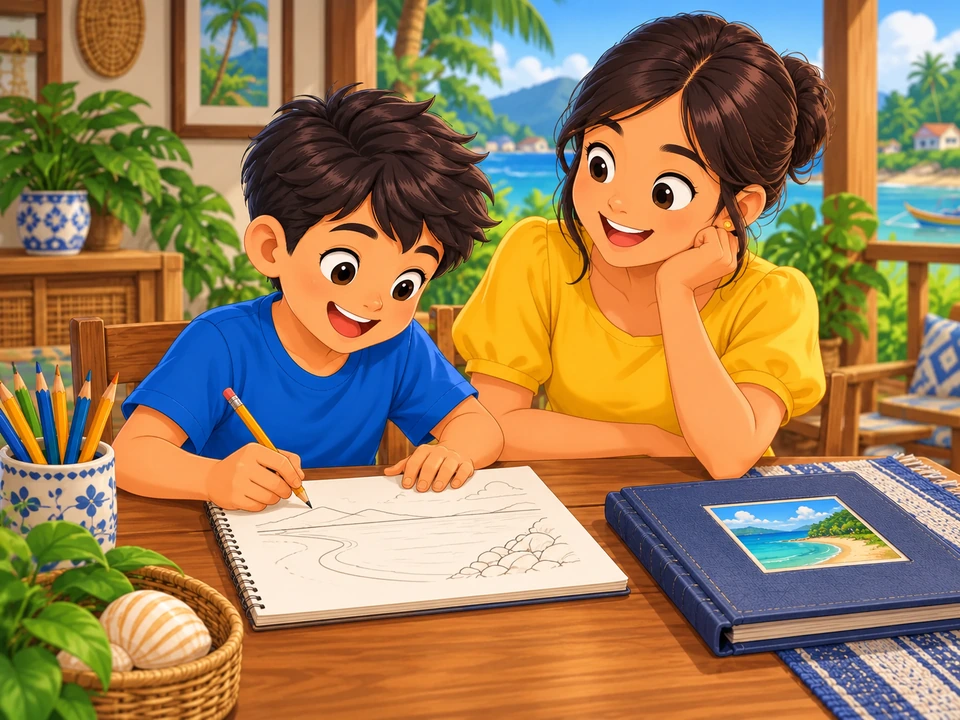 Pio draws the shore while his aunt holds a photograph beside him.