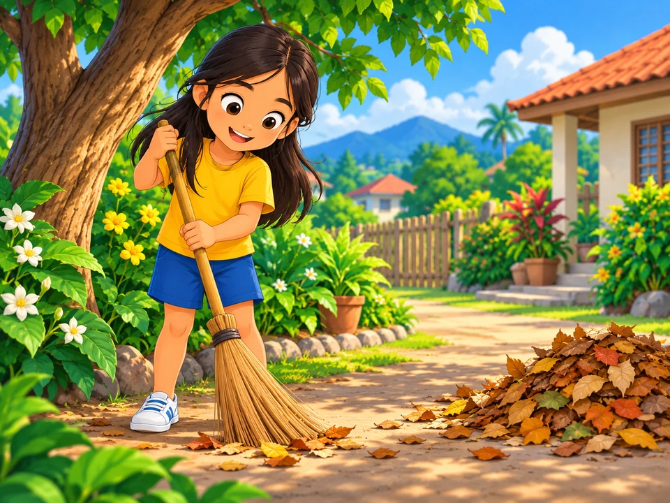 Dina sweeps a path beside a pile of dry leaves.