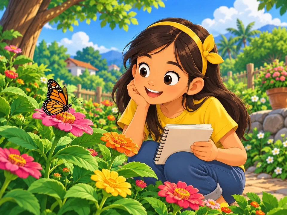 Tess watches a butterfly among flowers beside her open notebook.