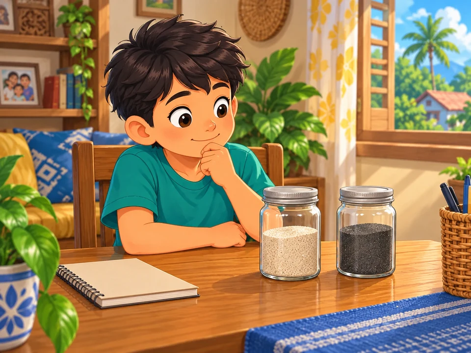 A curious Filipino boy looks at sealed jars of pale and dark sand beside a blank notebook at home.