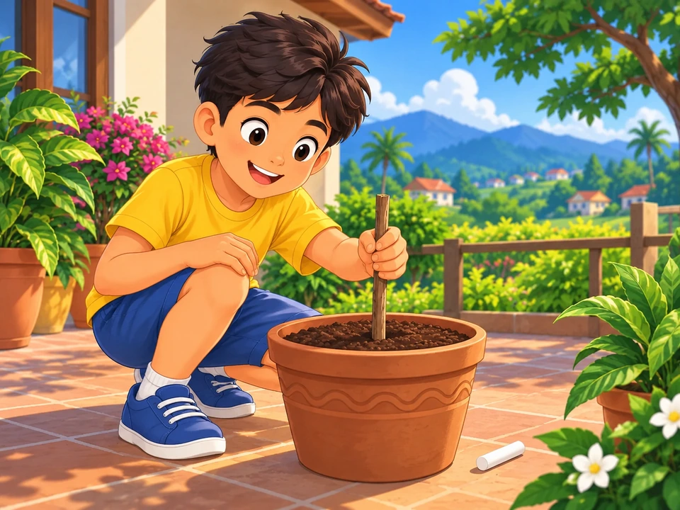 Luis sets an upright stick in a soil-filled pot at school.