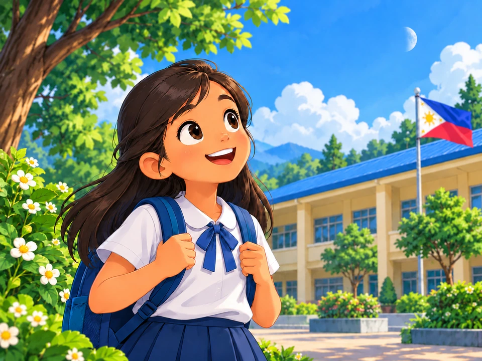A pupil looks at a pale Moon above a blue school roof in daylight.