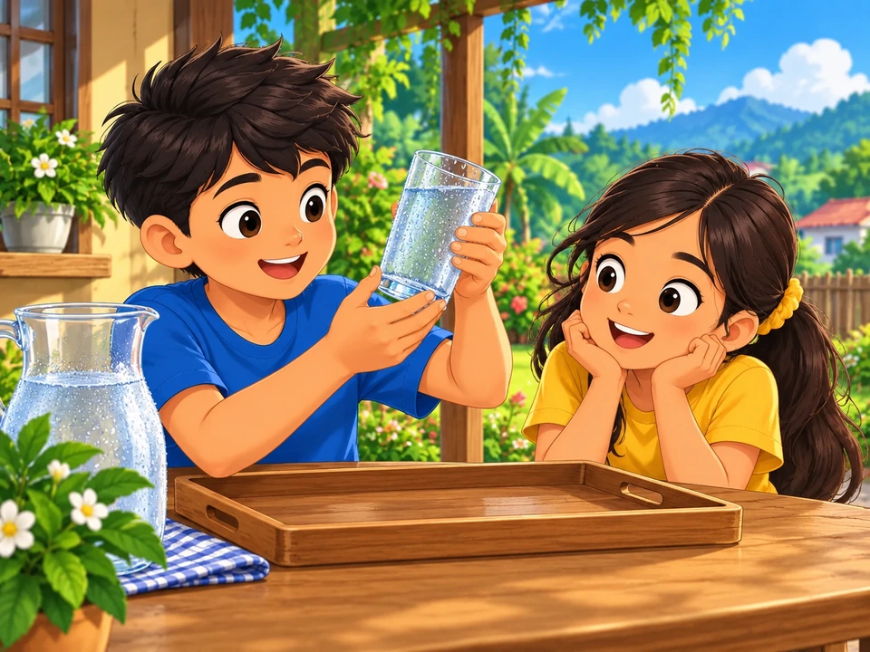 Miko and his sister observe droplets on a cold glass standing on a tray.