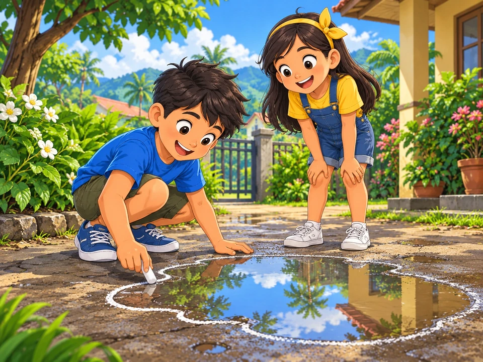 Aris draws a chalk ring around a puddle.