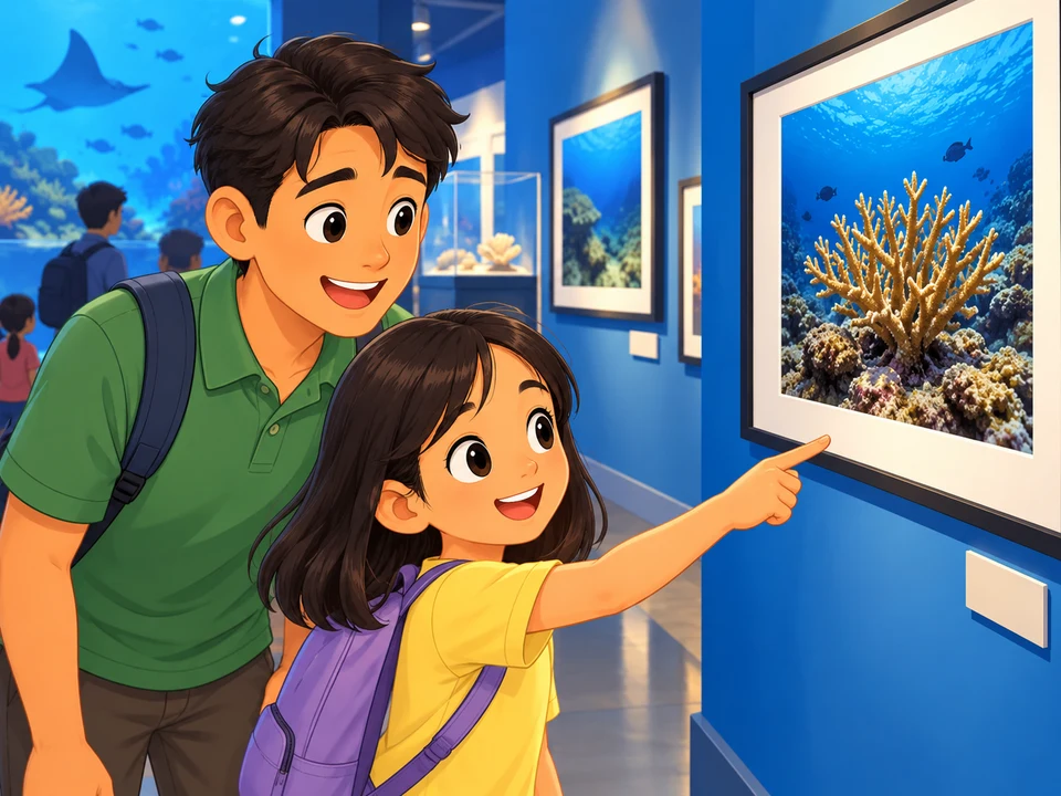 A Filipino girl and her uncle look at a coral photograph in a bright sea-life gallery.