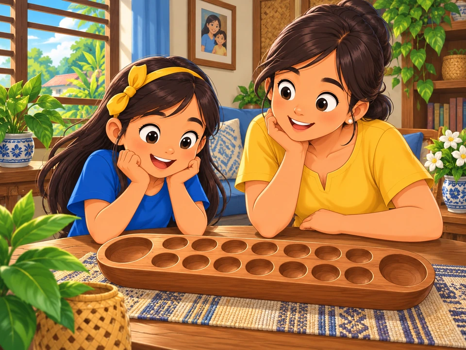 Sela and her aunt look at an empty wooden game board.
