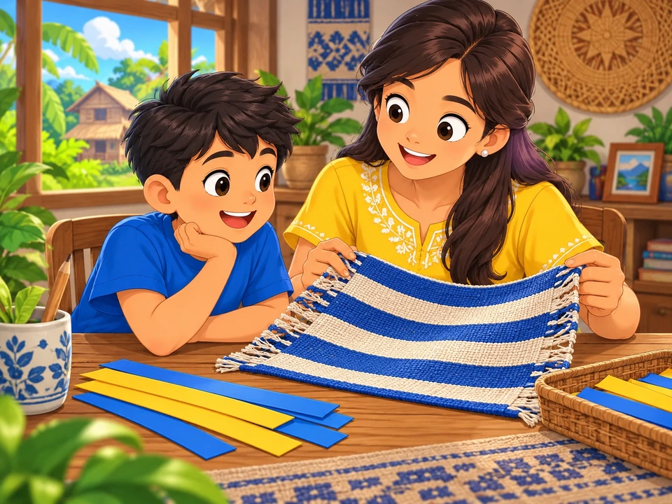 Rico and his aunt study striped cloth beside loose paper strips.