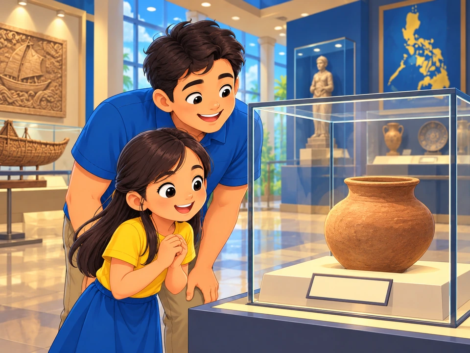 Lira and her father view a clay pot in a museum display.