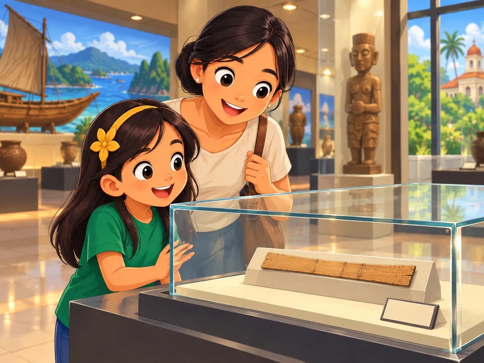 A Filipino girl and her mother view a bamboo strip behind museum glass.