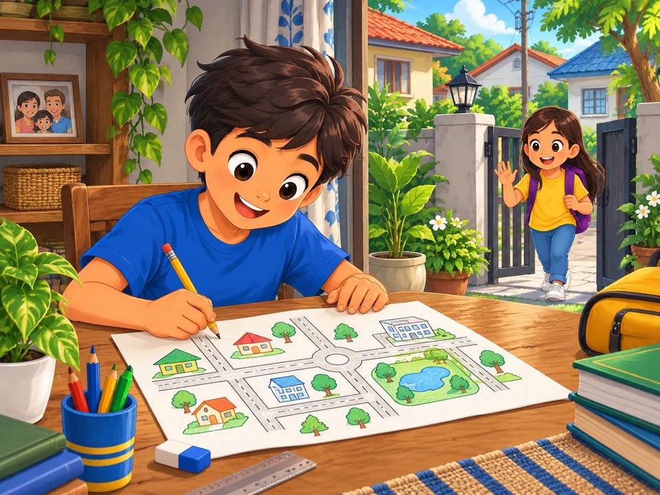 Bing studies a map beside a school gate.