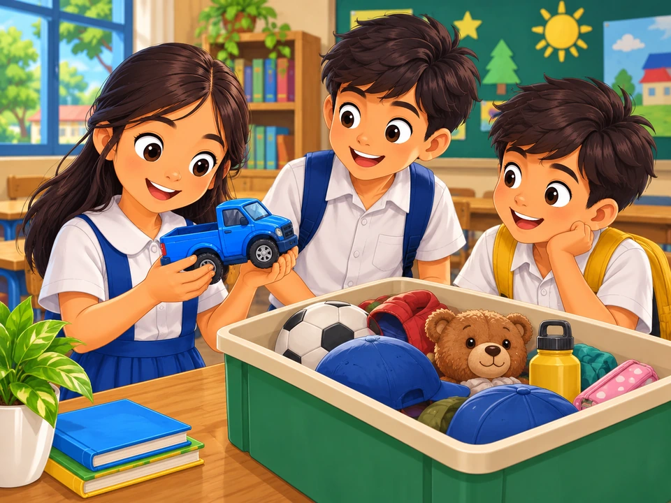Jana and two boys look at a blue toy truck beside a box.