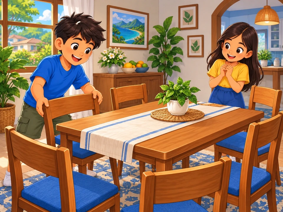 Omar and his sister arrange six chairs in a room.