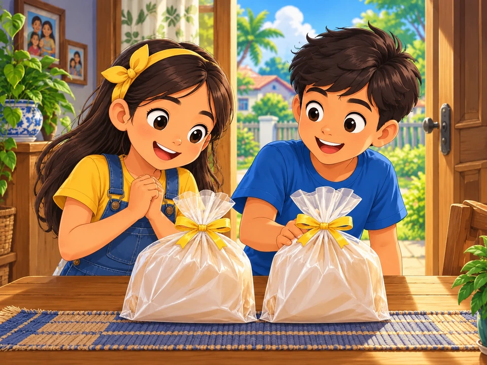 Mae and her brother look at two closed bags with matching yellow ribbons.
