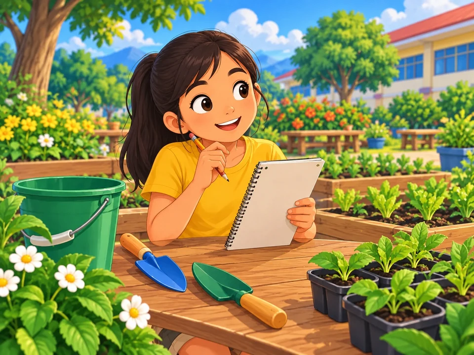 A Filipino girl holds a blank checklist beside a green bucket and garden spades.