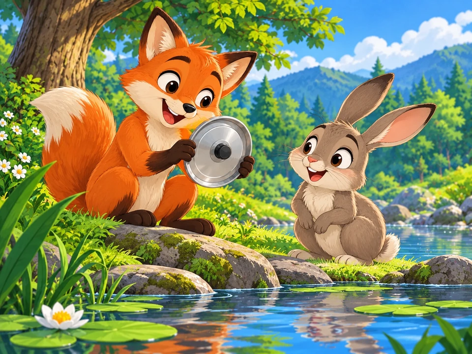 A fox shows a silver lid to a hare beside a pond.