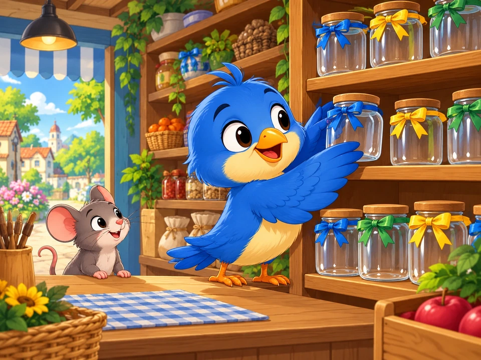 A bird and a mouse look at jars and ribbon in a shop.